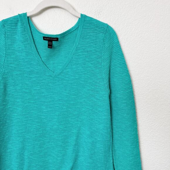[Eileen Fisher] Turquoise Linen Cotton Blend Long Sleeve V-Neck Sweater Size XS - Picture 7 of 10